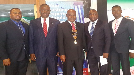 (L-r): Oluwagbenga Osinoiki, head, Public Sector Sales at MainOne, Sir Demola Aladekomo, immediate past president of NCS, professor David Adewumi, incumbent president of NCS, Emmanuel Agbo, sales manager and Temitope Osunrinde, marketing support analyst, both of MainOne Company, at the ongoing NCS national conference in Enugu.